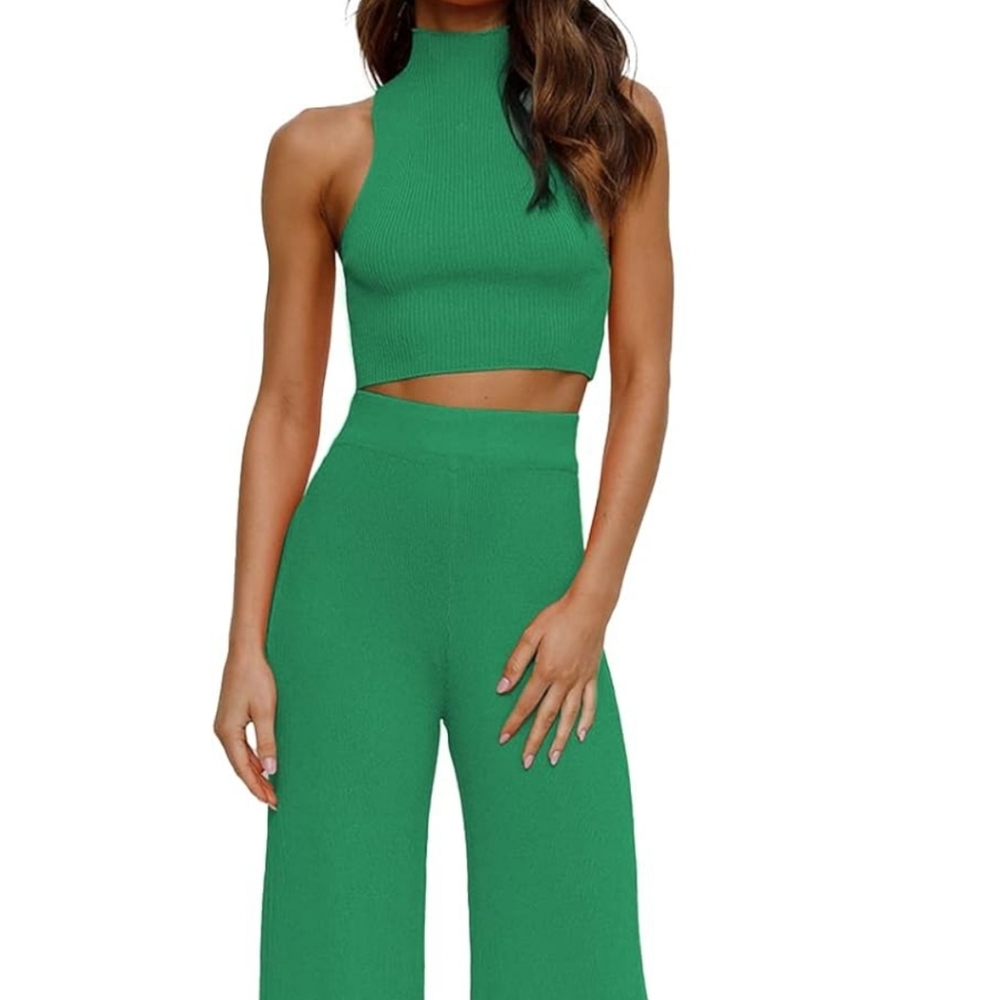 2 Piece Green Crop Top High Waist Pant Outfit